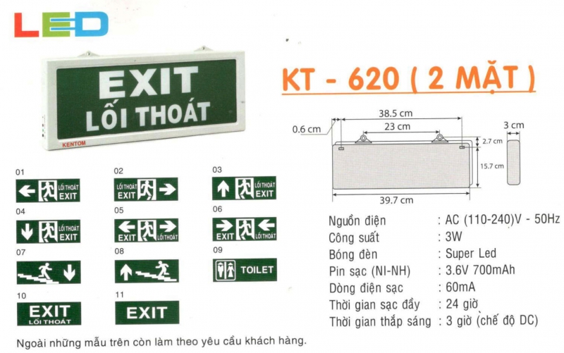 Đèn exit 2 mặt KT620 Kentom