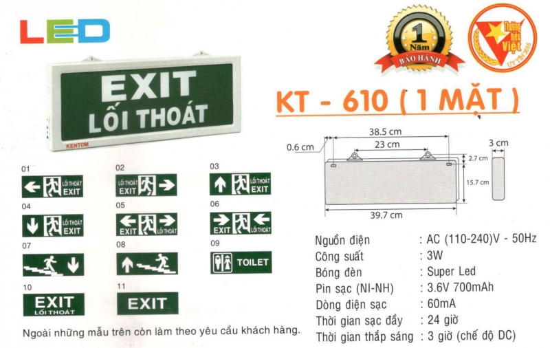 Đèn exit 1 mặt KT610 Kentom