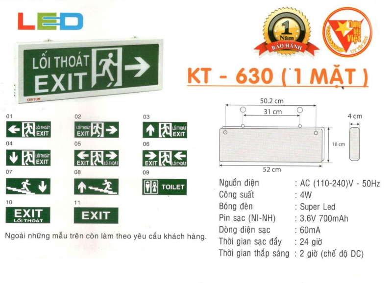 Đèn exit 1 mặt KT630 Kentom