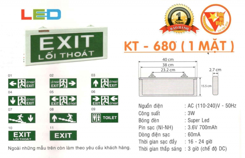 Đèn exit 1 mặt KT680 Kentom