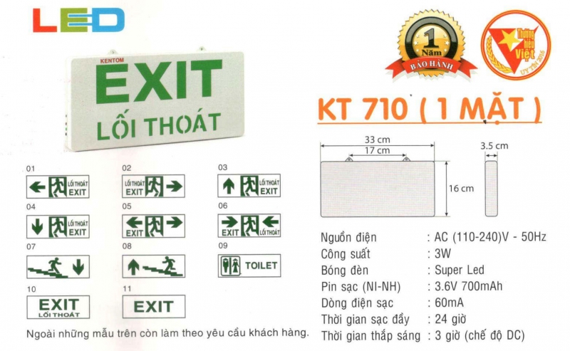 Đèn exit 1 mặt KT710 Kentom