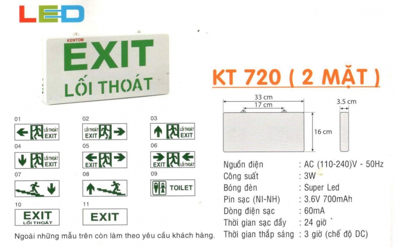 Đèn exit 1 mặt KT720 Kentom