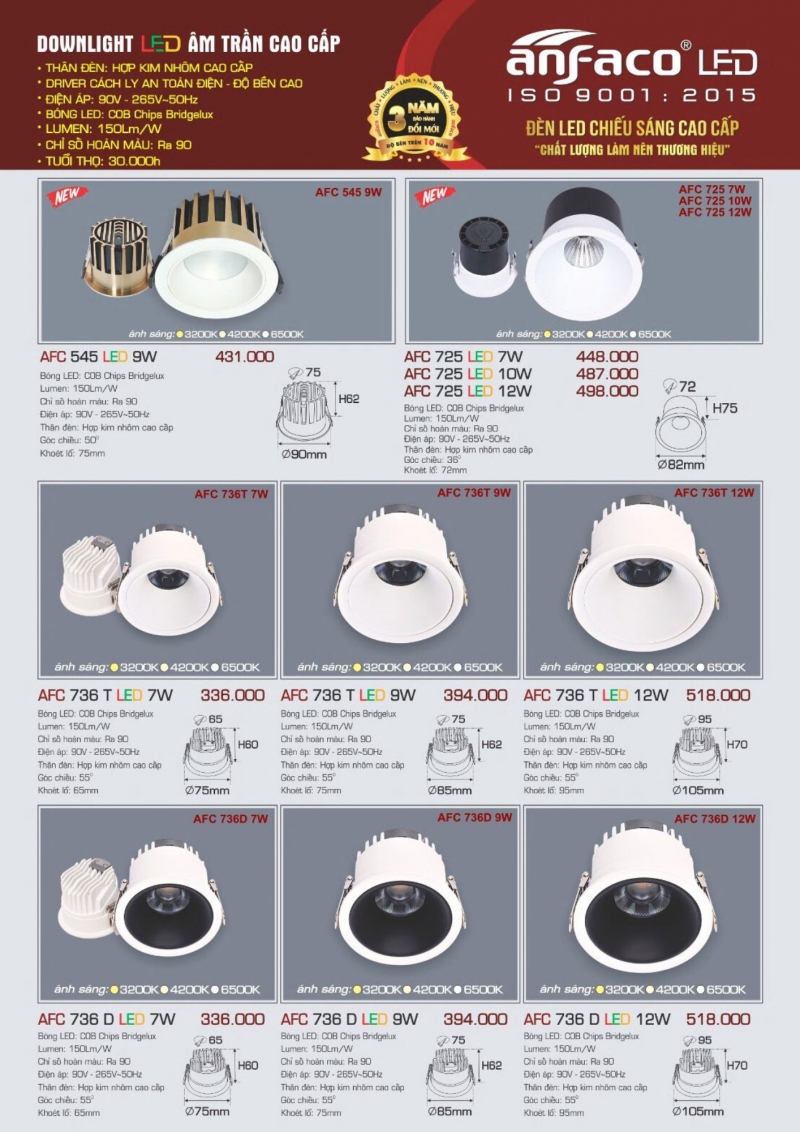 Đèn led âm trần 12W AFC 736 D Anfaco