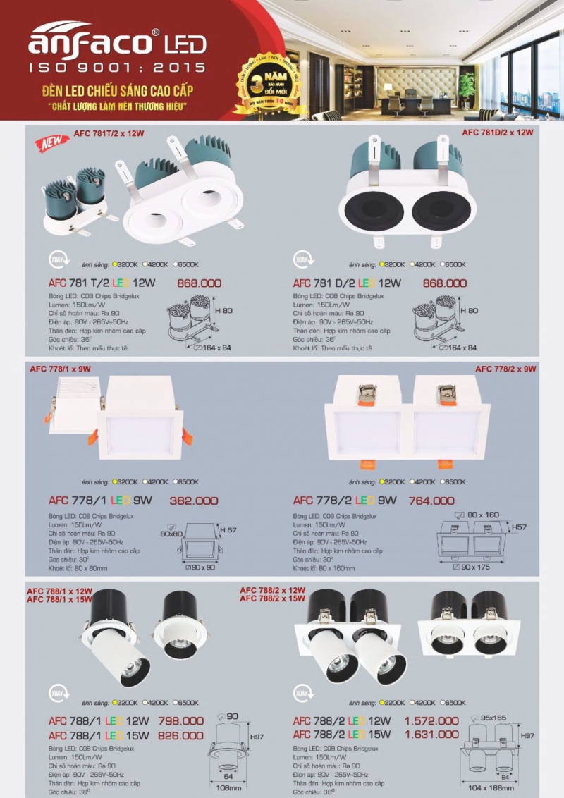 Đèn led âm trần 12W AFC 781D/2 Anfaco