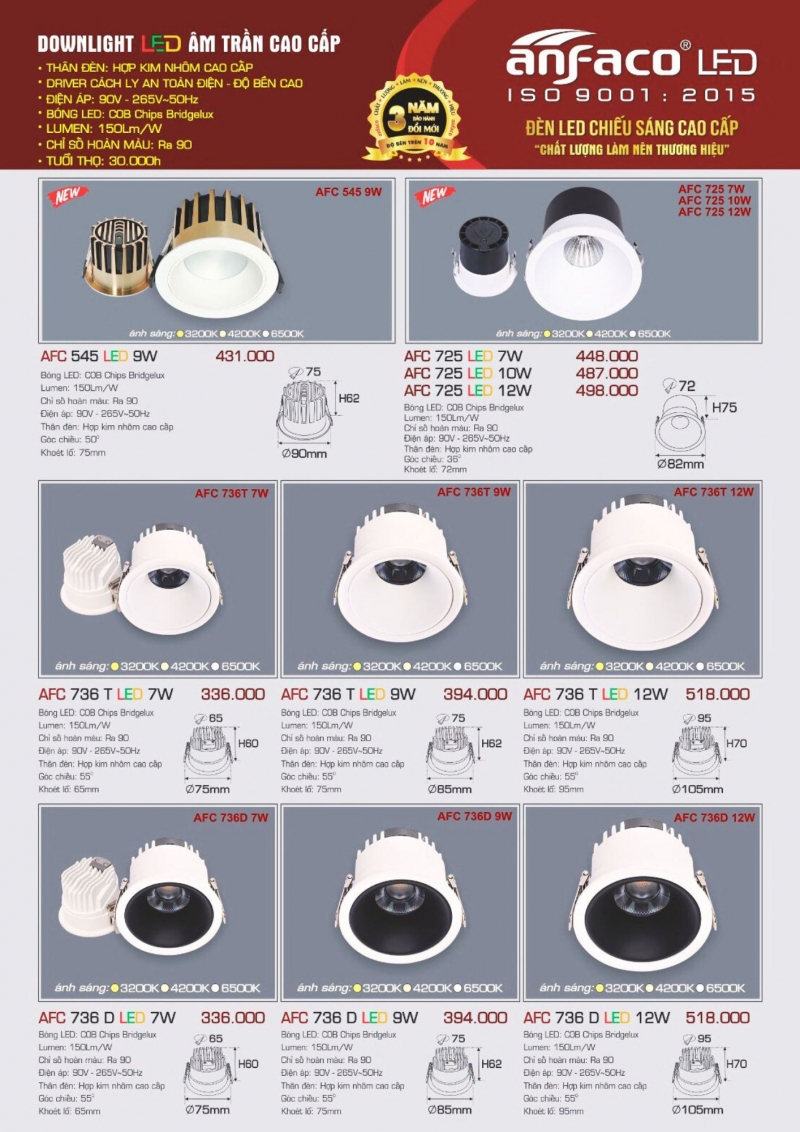 Đèn led âm trần 9W AFC 545 Anfaco