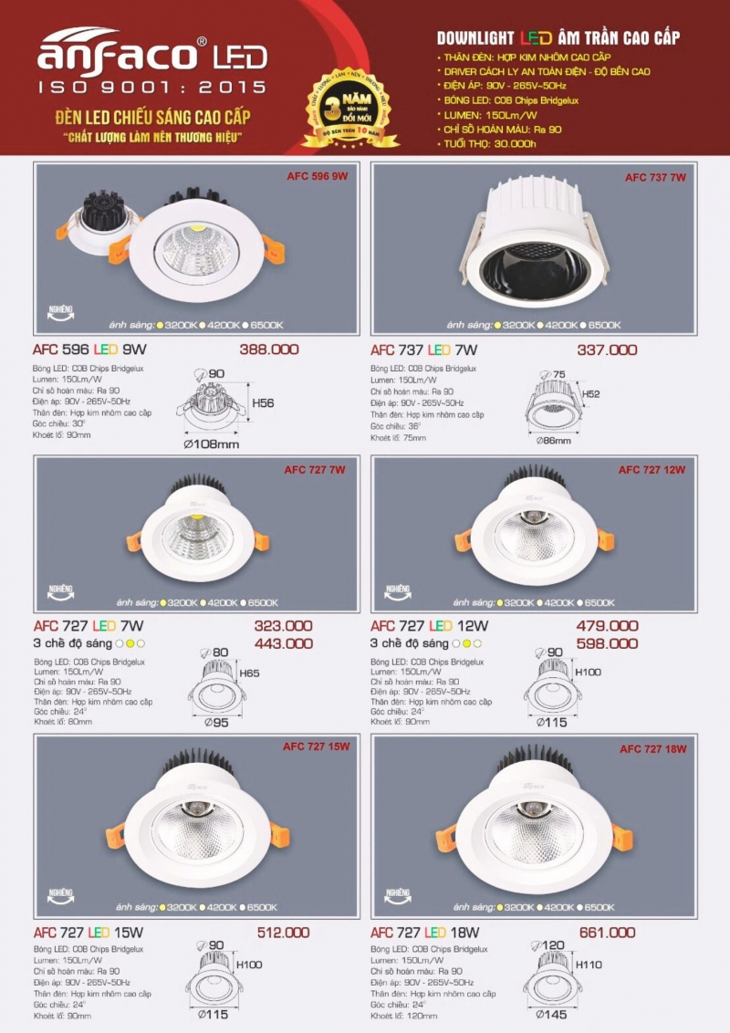 Đèn led âm trần 9W AFC 596 Anfaco