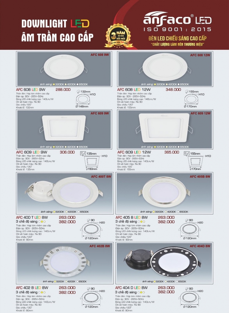 Đèn led âm trần vuông siêu mỏng 12W AFC 609 Anfaco