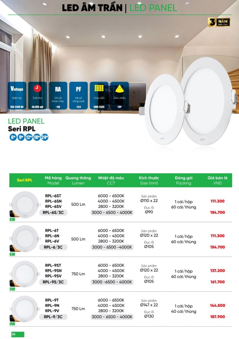 Đèn led âm trần 9W RPL-9SN MPE