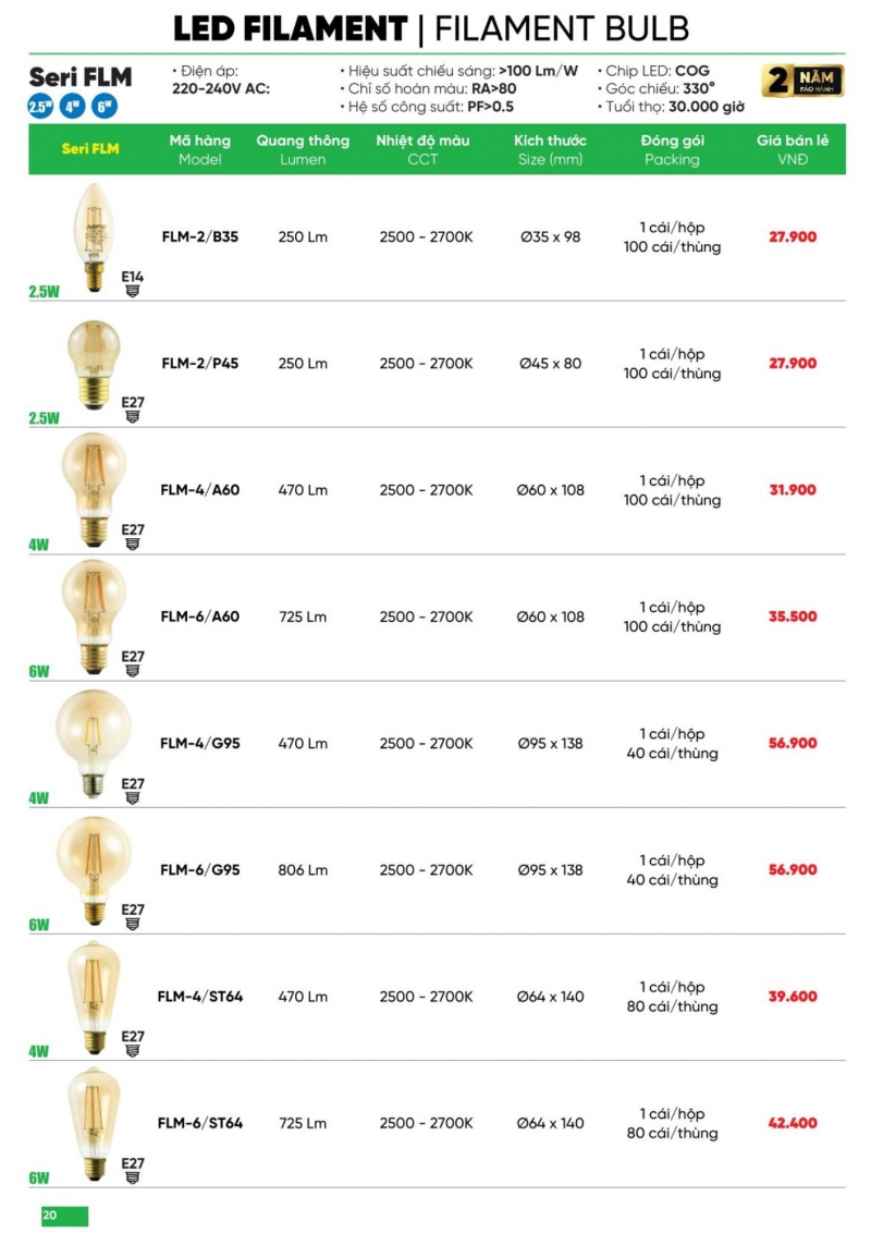 Đèn led bulb Filament 2.5W FLM-2/B35 MPE