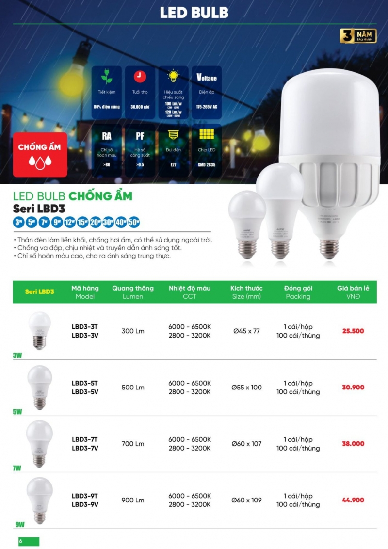 Đèn led bulb chống ẩm 7W LBD3-7V MPE