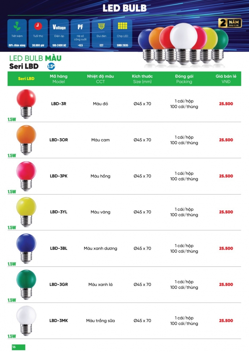 Đèn led bulb màu vàng 1.5W LBD-3YL MPE