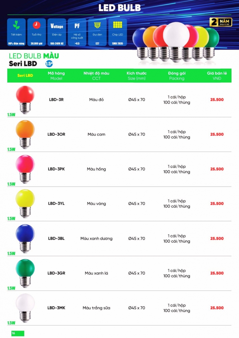 Đèn led bulb màu xanh lá 1.5W LBD-3GR MPE