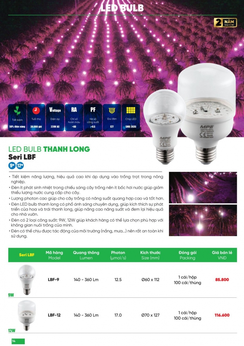Đèn led bulb thanh long 12W LBF-12 MPE
