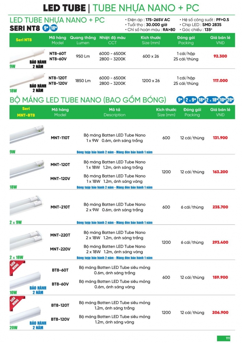 Đèn tuýp led Nano 18W NT8-120V 1m2 MPE