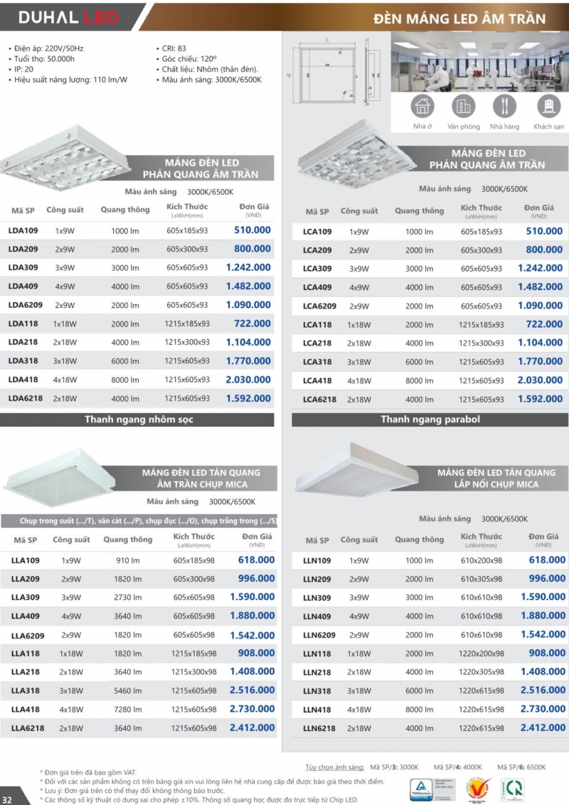 Máng đèn led âm trần T8 2x9W LDA209 Duhal