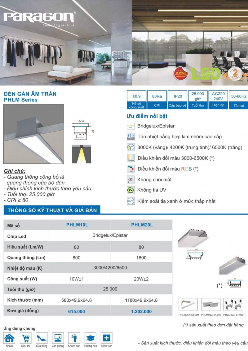Bộ máng đèn led âm trần 20W PHLM20L 1m2 Paragon