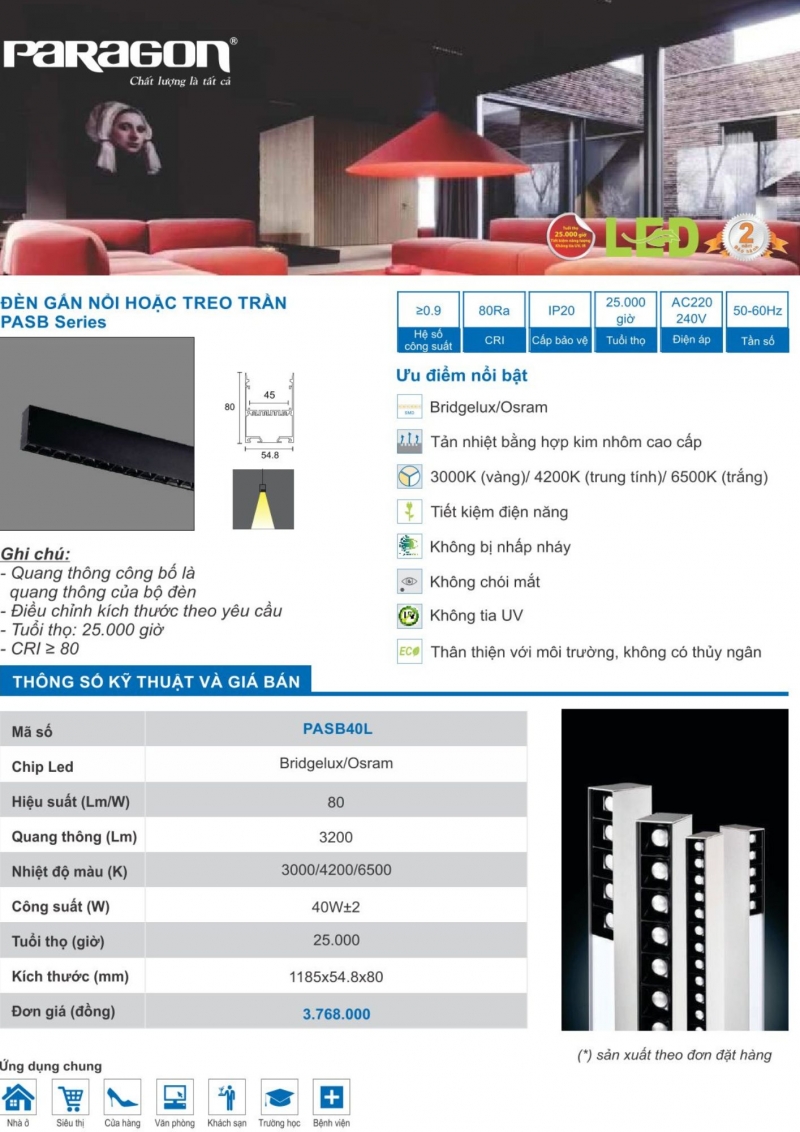 Bộ máng đèn led âm trần 40W PASB40L 1m2 Paragon