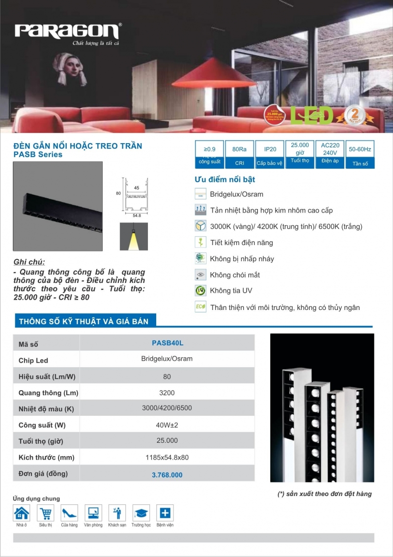 Bộ máng đèn led âm trần 40W PASB40L 1m2 Paragon