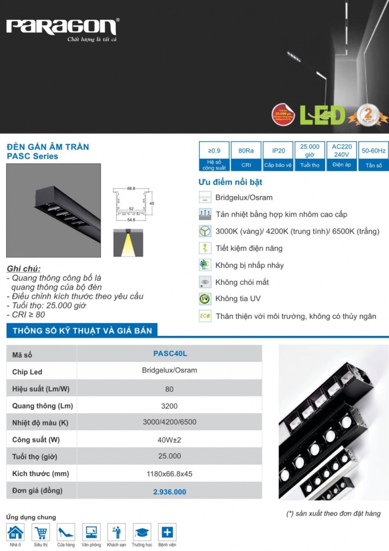 Bộ máng đèn led âm trần 40W PASC40L 1m2 Paragon