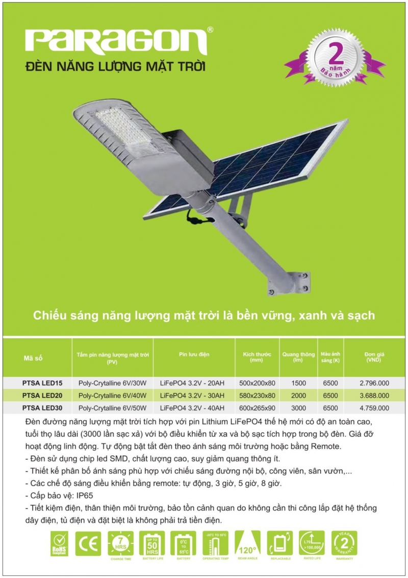 Đèn đường led năng lượng mặt trời 15W PTSA LED15 Paragon IP65