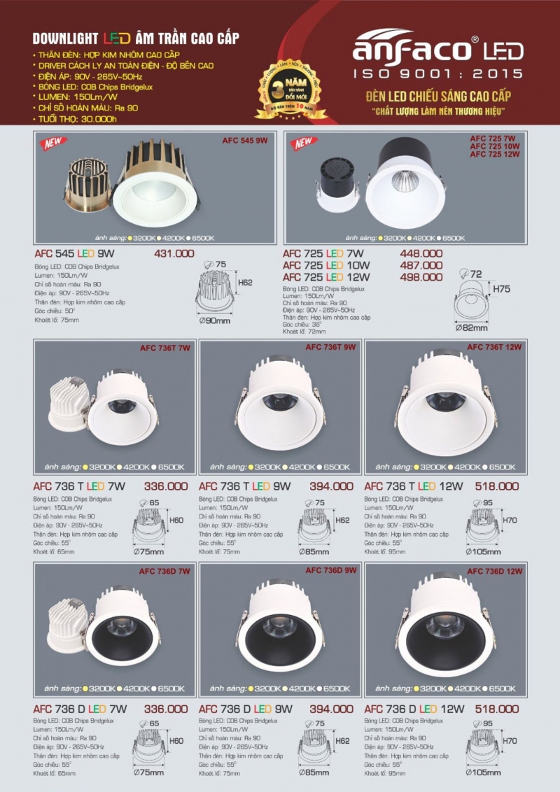 Đèn led âm trần 12W AFC 725 Anfaco