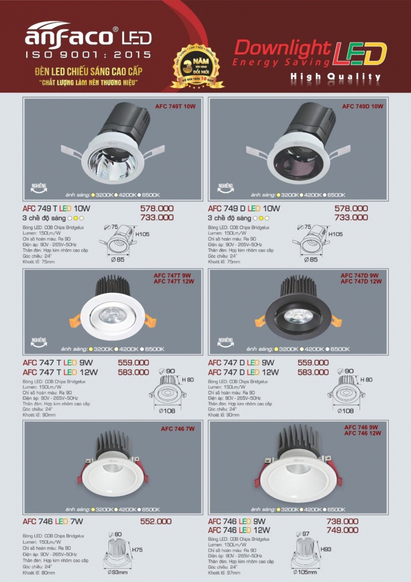 Đèn led âm trần 12W AFC 747 D Anfaco
