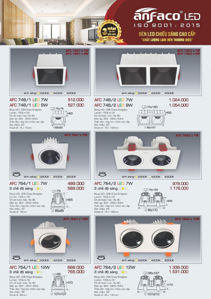 Đèn led âm trần 12W AFC 764/1 Anfaco