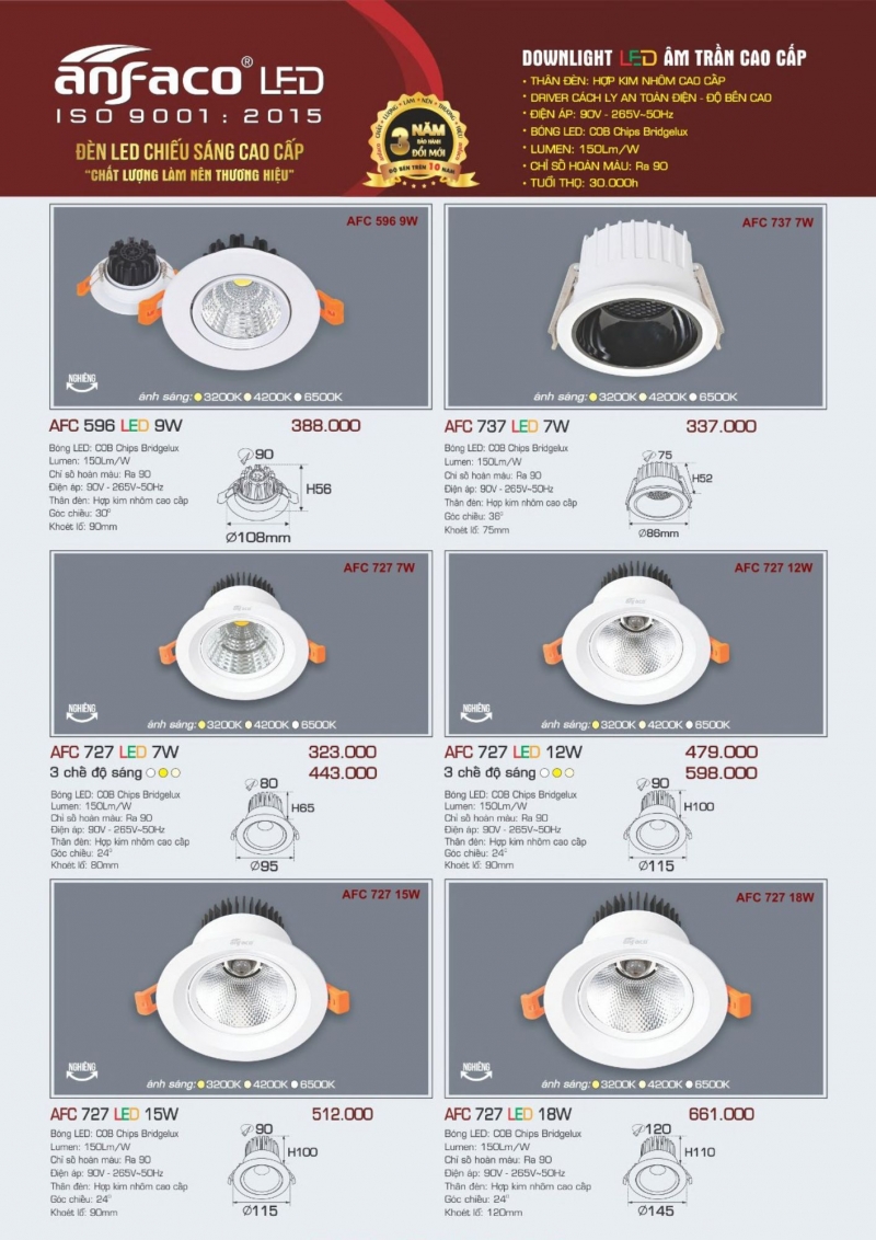 Đèn led âm trần 15W AFC 727 Anfaco