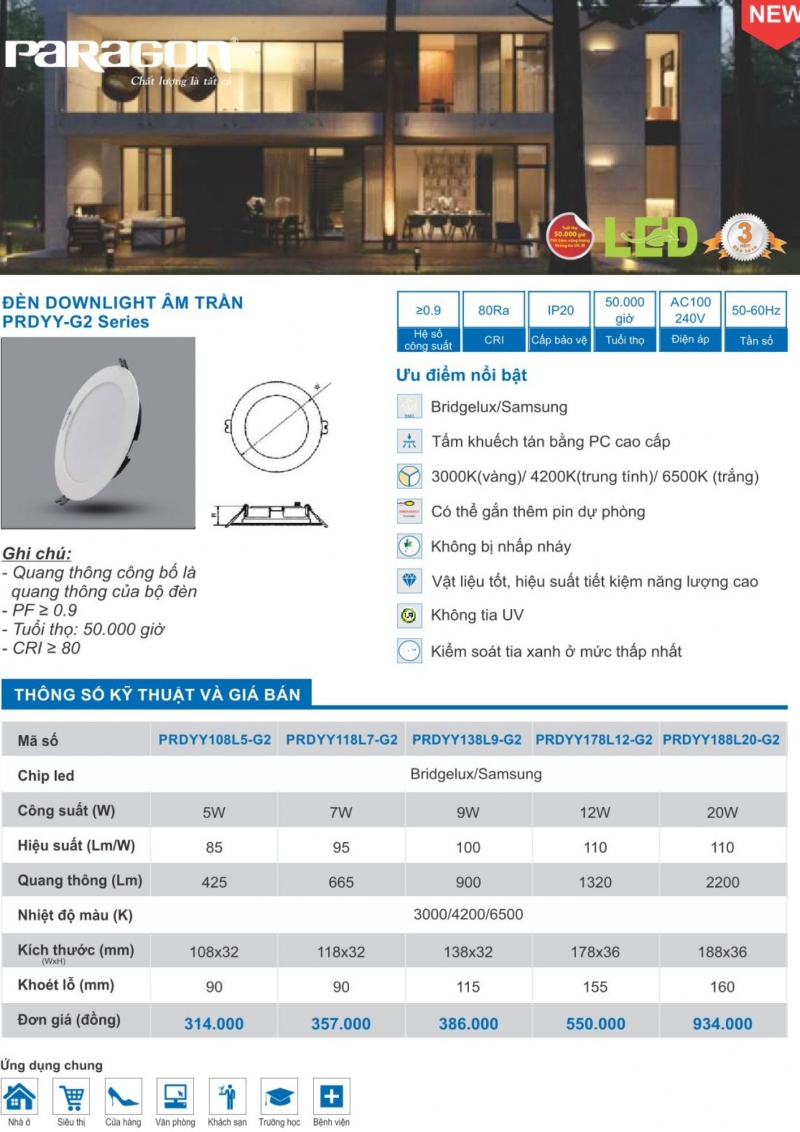 Đèn led âm trần 5W PRDYY108L5-G2 Paragon