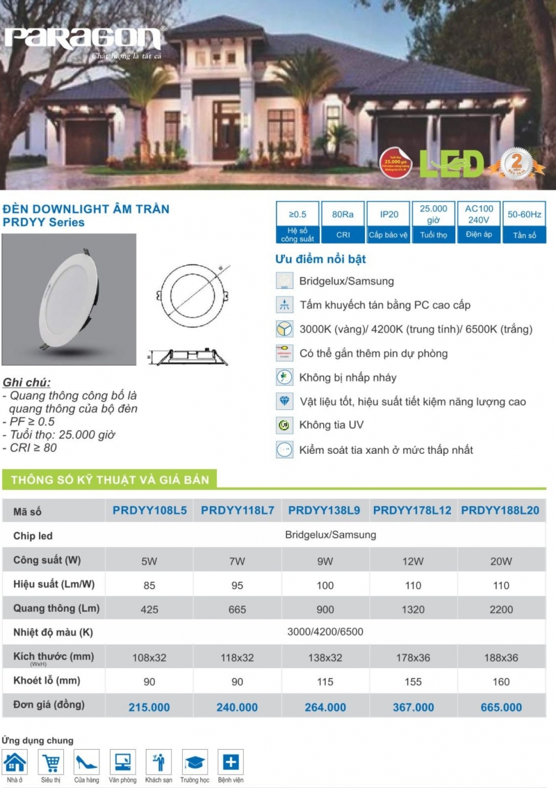 Đèn led âm trần 5W PRDYY108L5 Paragon