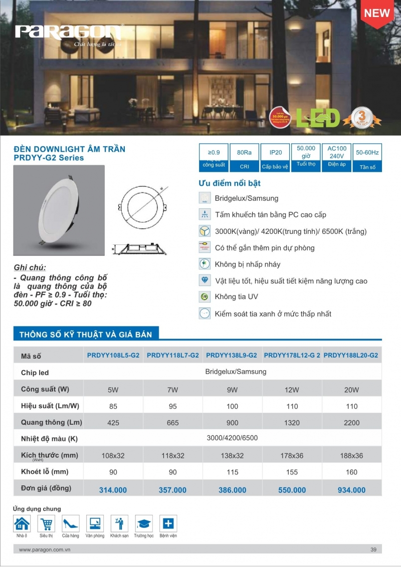 Đèn led âm trần 9W PRDYY138L9-G2 Paragon