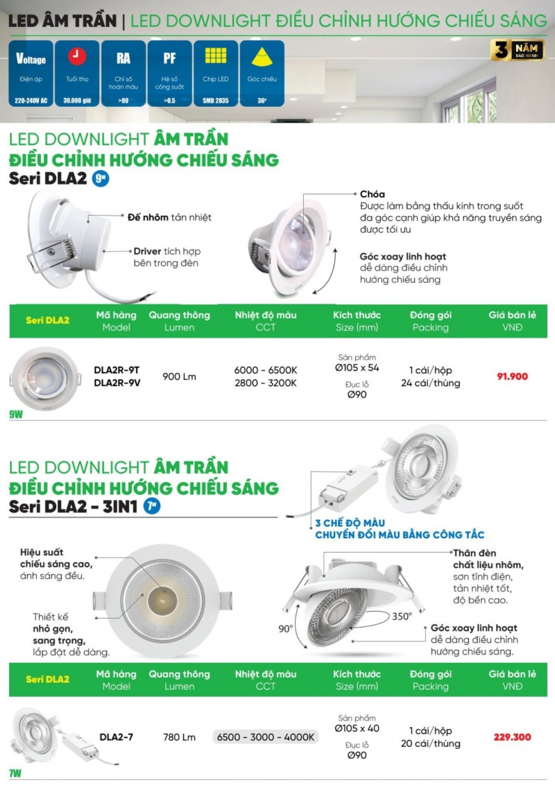 Đèn led âm trần chiếu điểm đổi màu 7W DLA2-7 3IN1 MPE