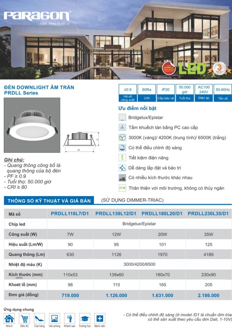 Đèn led âm trần Dimmer 12W PRDLL139L12/D1 Paragon