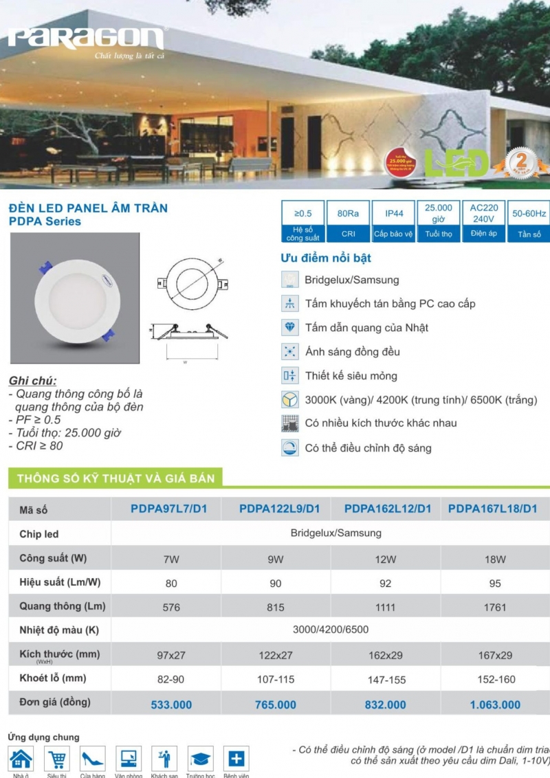 Đèn led âm trần Dimmer 18W PDPA167L18/D1 Paragon