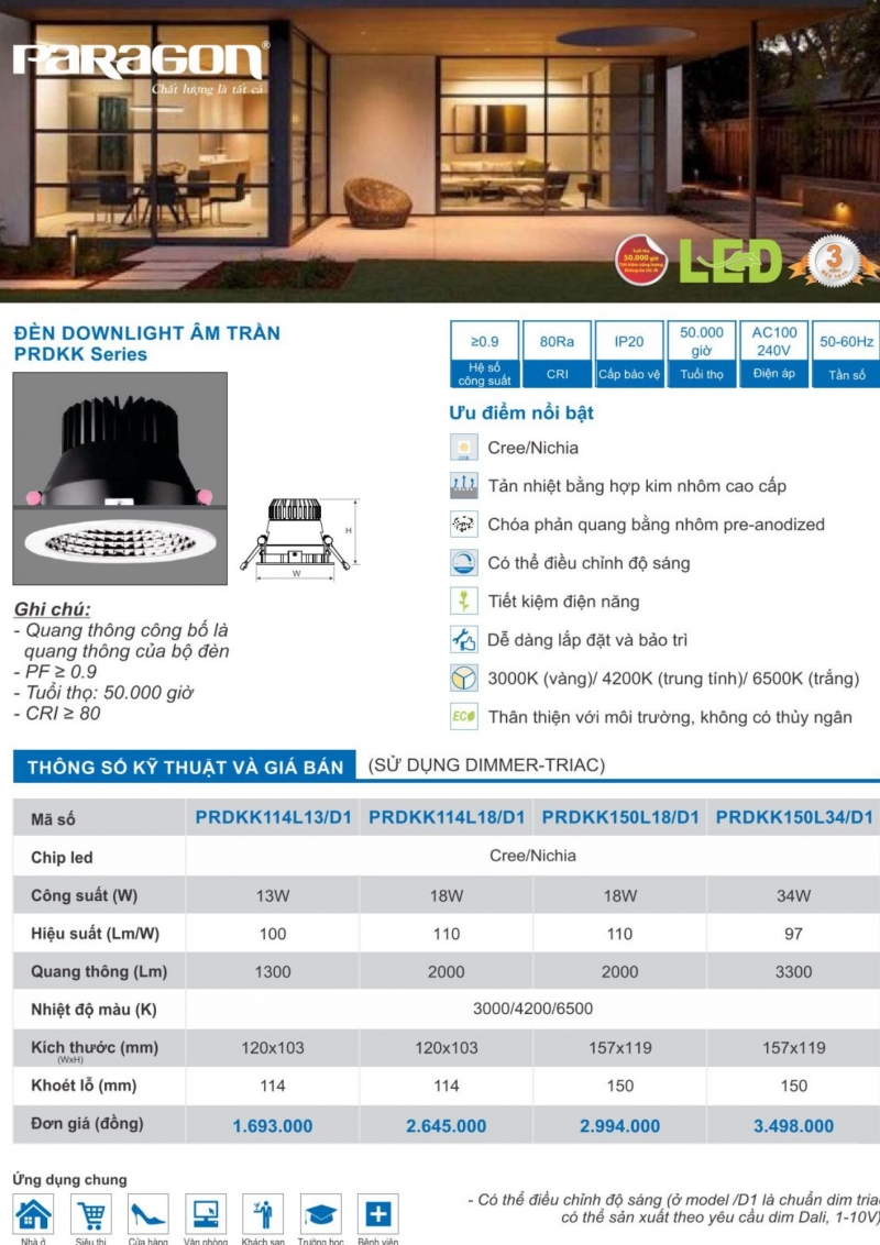 Đèn led âm trần Dimmer 18W PRDKK150L18/D1 Paragon
