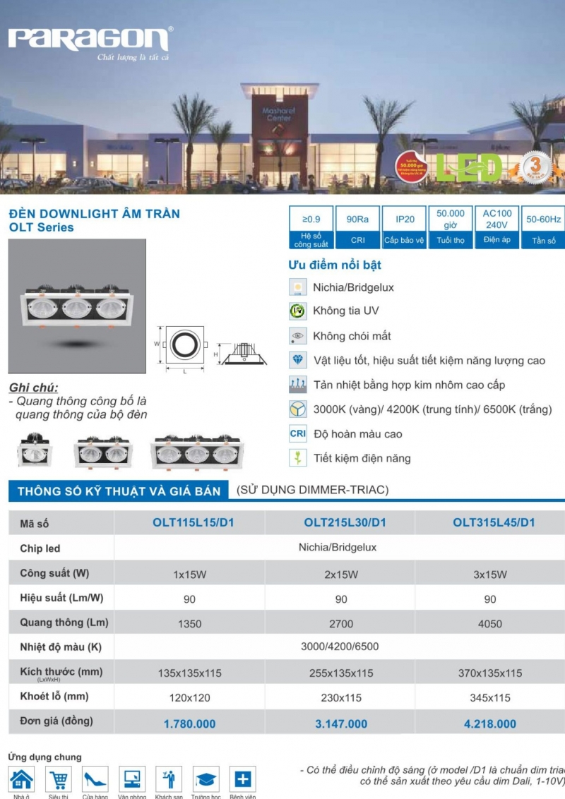 Đèn led âm trần Dimmer 1x15W OLT115L15/D1 Paragon