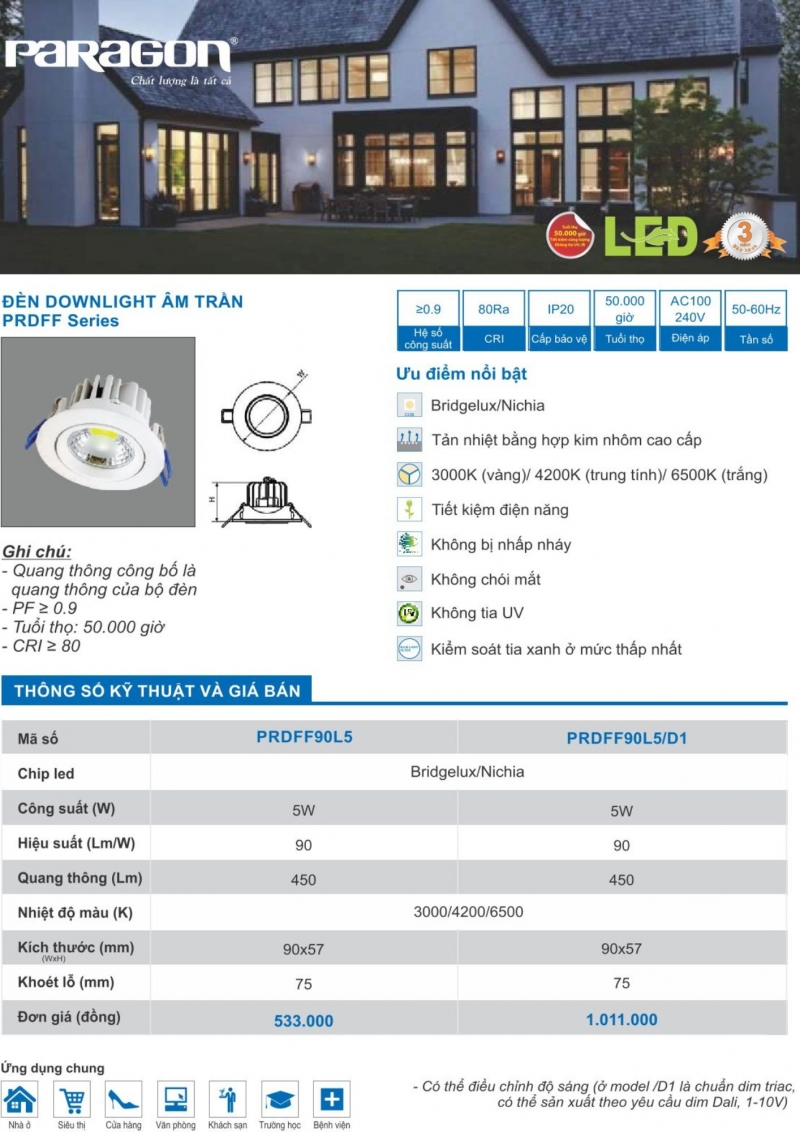 Đèn led âm trần Dimmer 5W PRDGG90L5/D1 Paragon