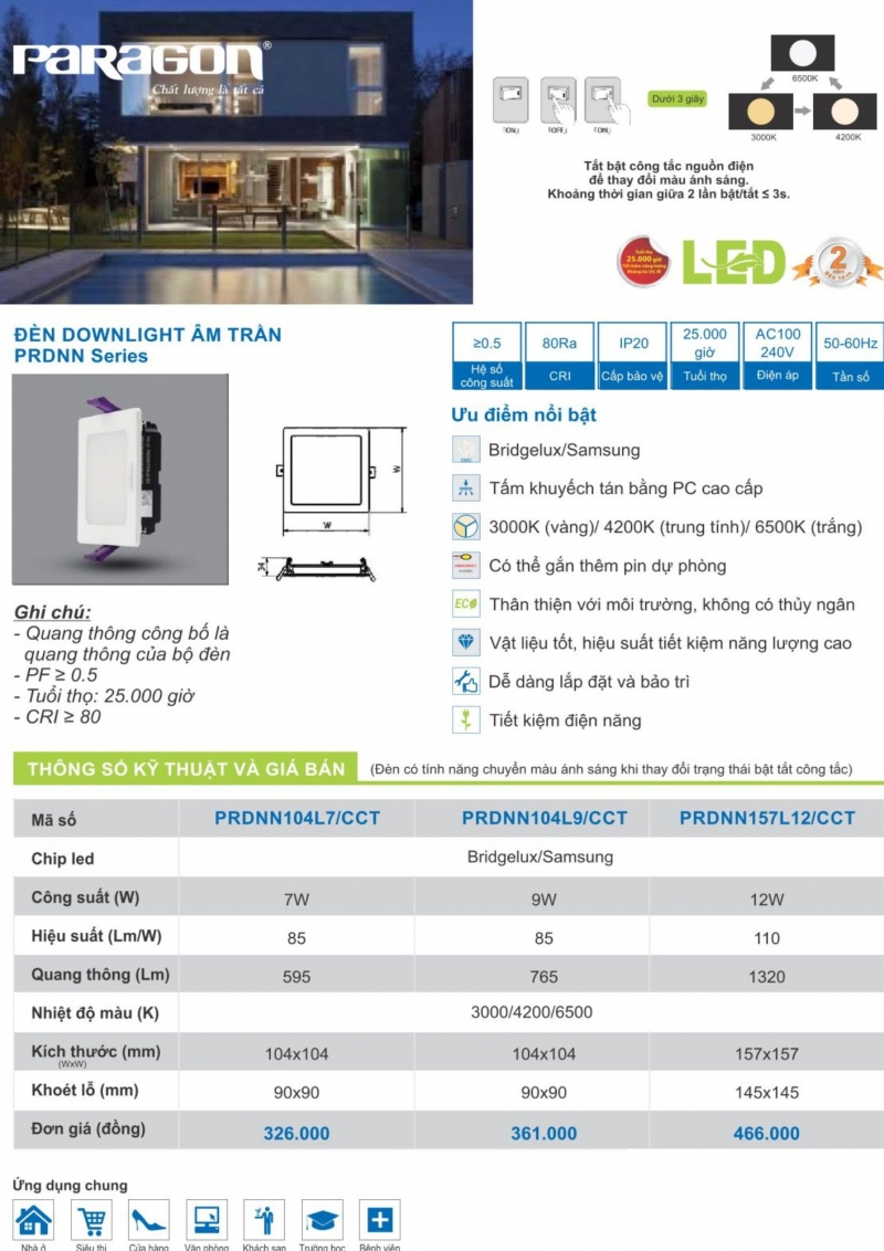 Đèn led âm trần đổi màu 12W PRDNN157L12/CCT Paragon