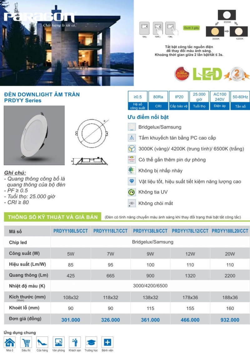 Đèn led âm trần đổi màu 5W PRDYY108L5/CCT Paragon