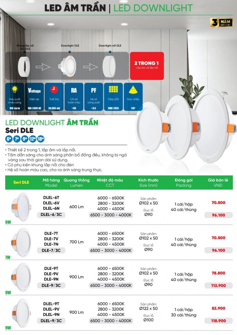 Đèn led âm trần đổi màu 6W DLEL-6/3C MPE