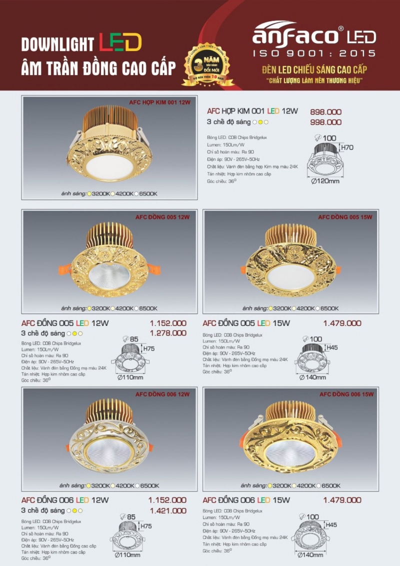 Đèn led âm trần đồng 15W AFC 005 Anfaco