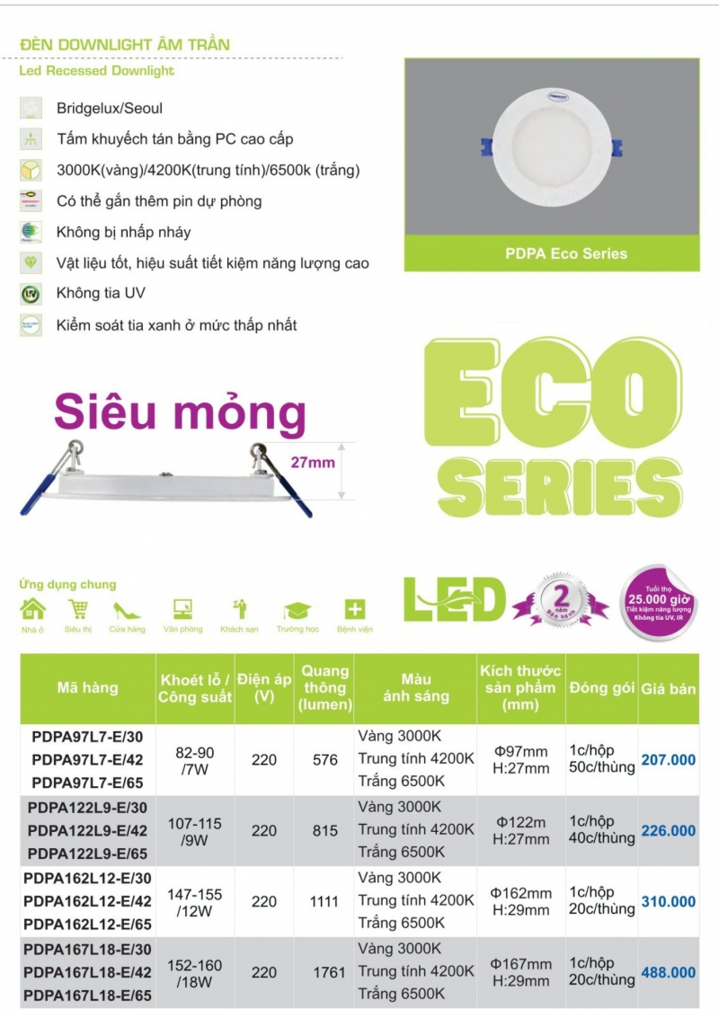 Đèn led âm trần ECO 7W PDPA97L7-E/30 Paragon