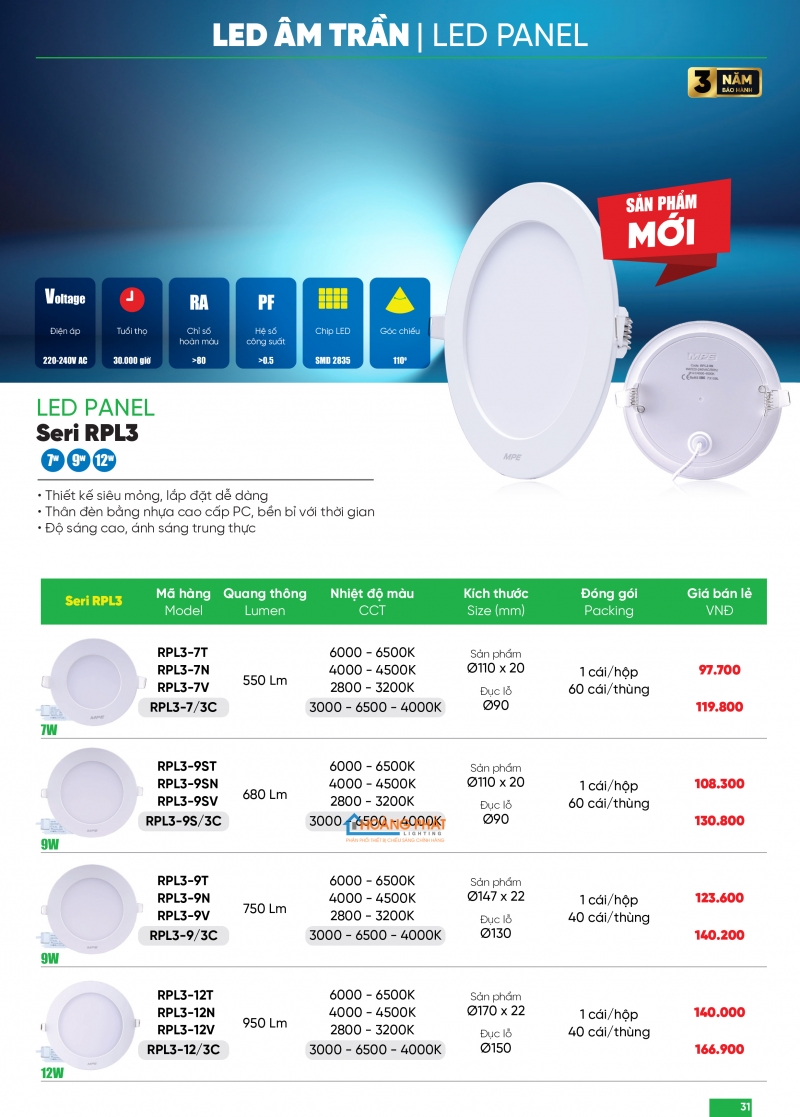 Bảng giá thiết bị điện - đèn led MPE 2025