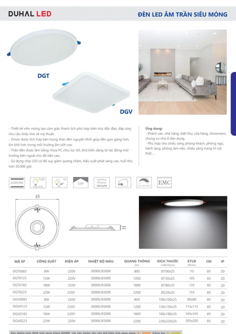 Đèn led âm trần siêu mỏng 8W DGT0083 Duhal
