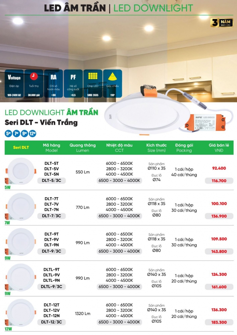 Đèn led âm trần viền trắng 7W DLT-7N MPE