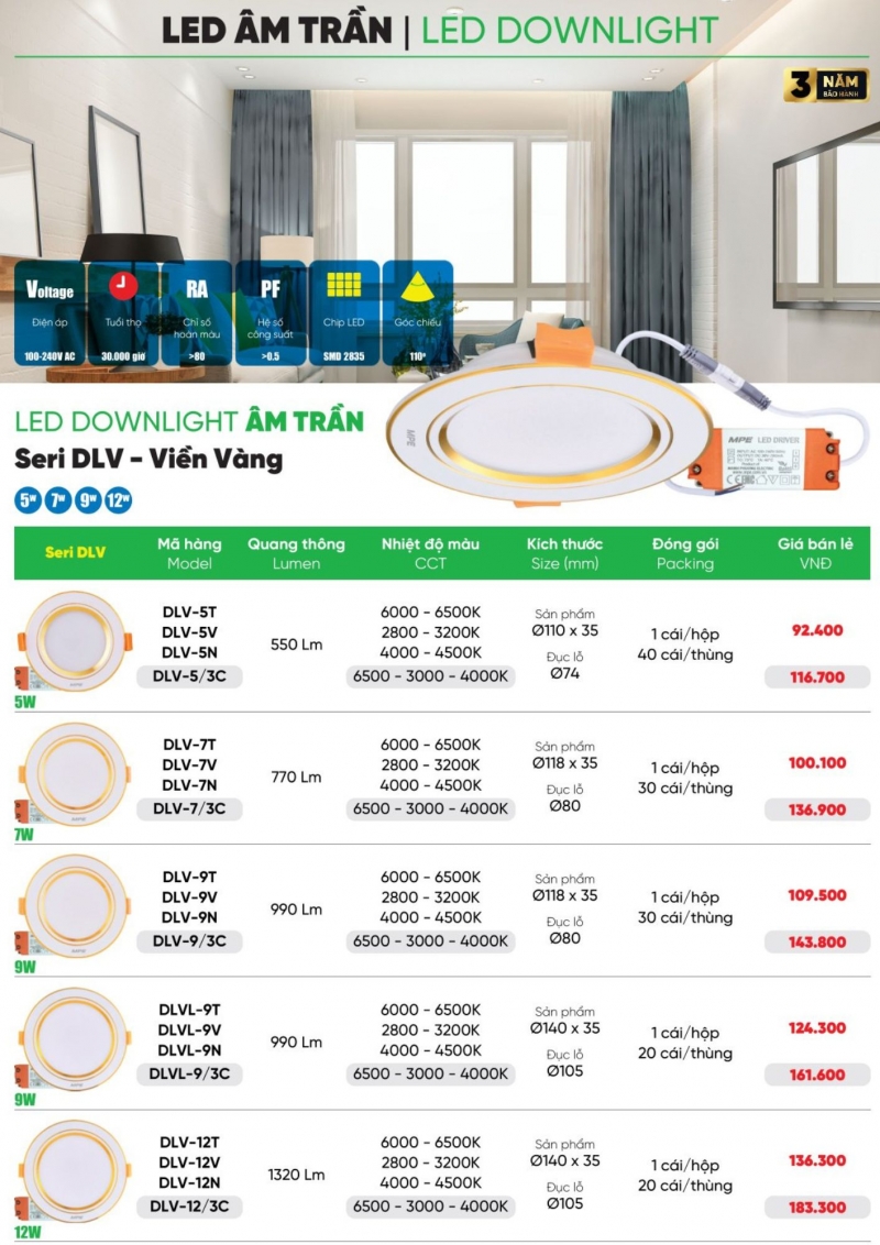 Đèn led âm trần viền vàng 7W DLV-7N MPE