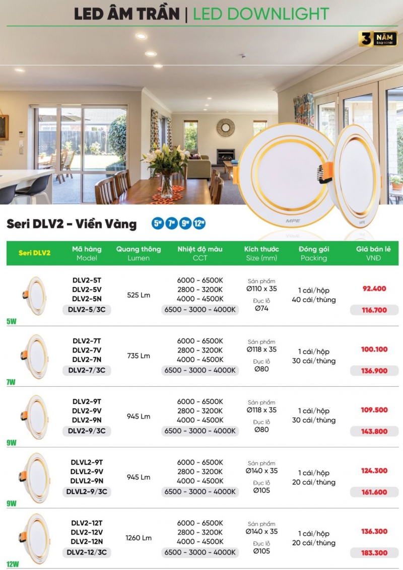 Đèn led âm trần viền vàng đổi màu 9W DLV2-9/3C MPE