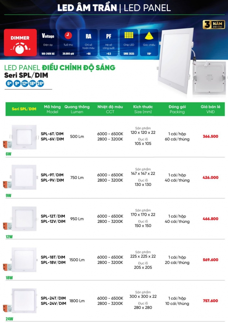 Đèn led âm trần vuông Dimmer 24W SPL-24V/DIM MPE