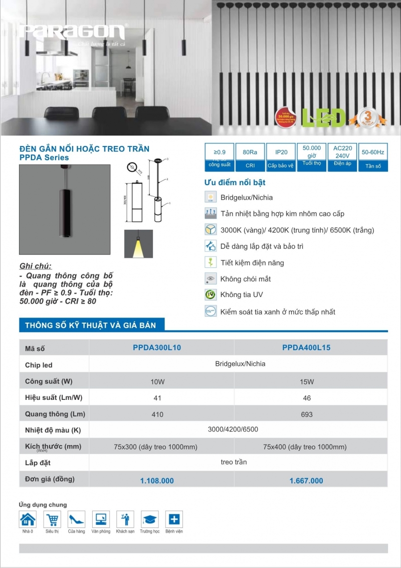 Đèn led gắn nổi hoặc treo trần 10W PPDA300L10 Paragon