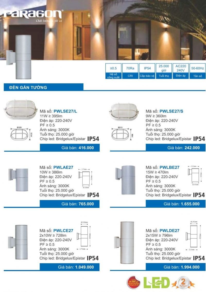 Đèn led gắn tường 10W PWLAE27 Paragon